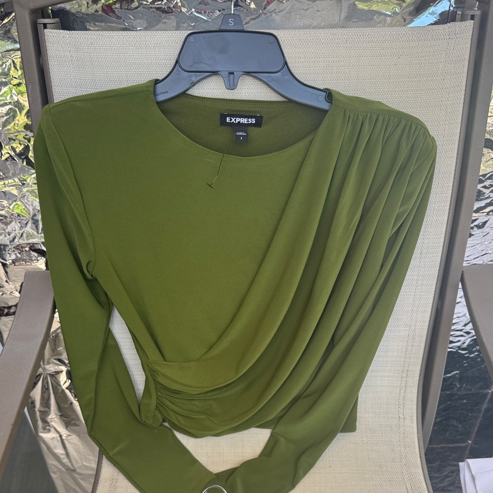 Express Olive Draped Long-Sleeve Blouse
